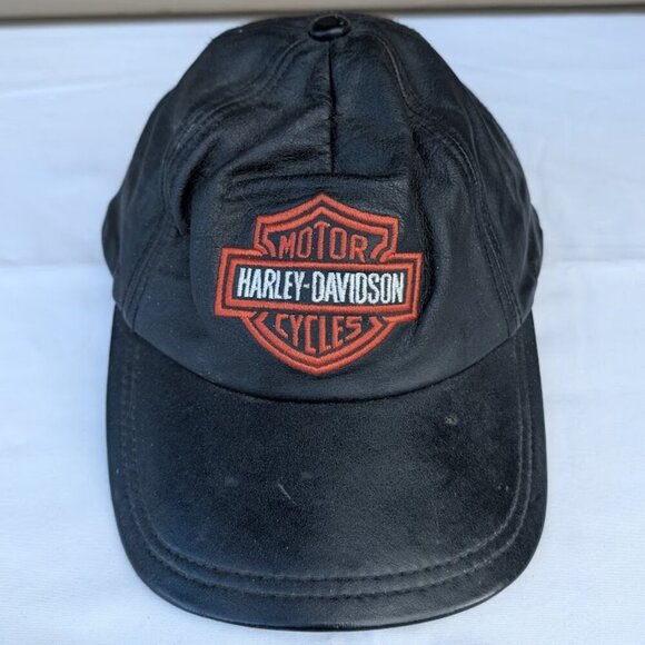 Vintage Harley Davidson Embroidered Logo Leather Adjustable Strap Hat - Picture 1 of 6